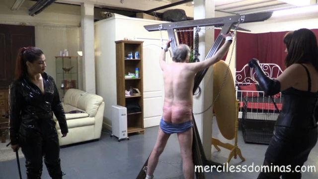 Merciless Dominas – Old Sub Back With His Whips  Starring Mistress M and Mistress Mia