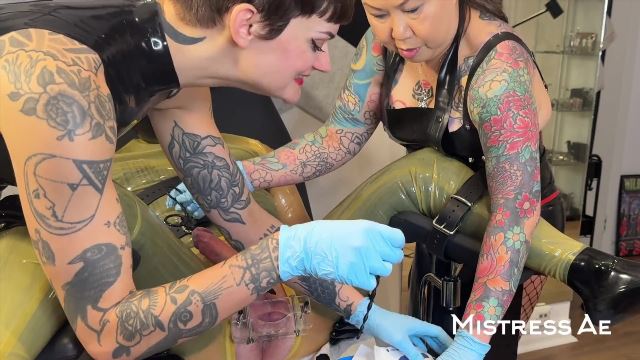 MistressAe – CBT ball crushing and double silicone sounding with Madame Li Ying and our rubber gimp