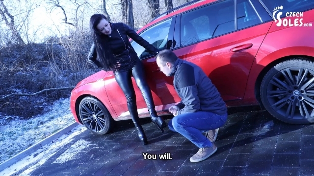 Czech Soles (2022) mistress and slave feet - Public boot cleaning slave earning his pay. Starring Johana
