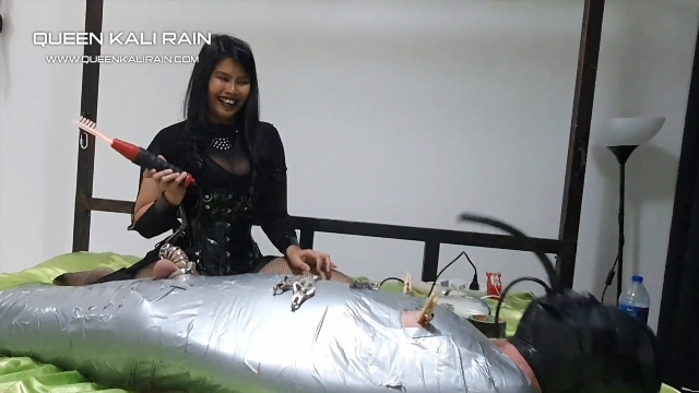 Rain Queen Kali dominatrix hogtied: Part 3 of my complete mummification session