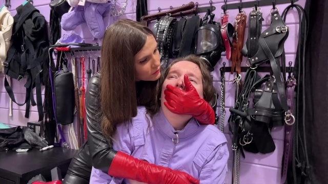 Dirty Priest Femdom Store kinky lezdom – Faceslapping and hand over mouth in red long leather gloves