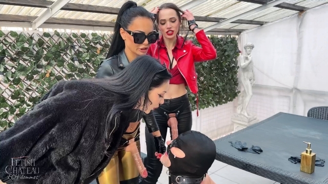 Fetish Chateau Dommes strap on humiliation – Triple Domme pegging gangbang on the terrace