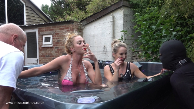 Mistress Courtney smoking latex mistress - Hot Tub Human Ashtray