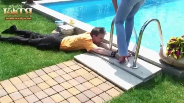 Mistress Katja – Hard High Heel HAND-TRAMPLING at the Pool